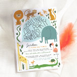 Calling All Party Animals | Modern Safari Birthday Invitation<br><div class="desc">Cute and fun kid's safari animals theme birthday party invitation featuring an illustration of safari animals. There is a lion, a monkey, a tiger, an elephant, a snake, a flamingo, a giraffe, a crocodile, a turtle, and three little birds framed with grass and greenery. There is a big blue speech...</div>