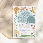 Calling All Party Animals | Modern Safari Birthday Invitation<br><div class="desc">Cute and fun kid's safari animals theme birthday party invitation featuring an illustration of safari animals. There is a lion, a monkey, a tiger, an elephant, a snake, a flamingo, a giraffe, a crocodile, a turtle, and three little birds framed with grass and greenery. There is a big blue speech...</div>