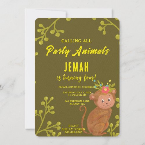 Calling All Party Animals Monkey Birthday Party  Invitation