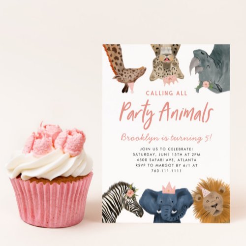 Calling All Party Animals Pink Safari Birthday  Invitation