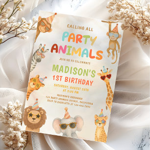 Calling All Party Animals Safari 1st Birthday Invitation