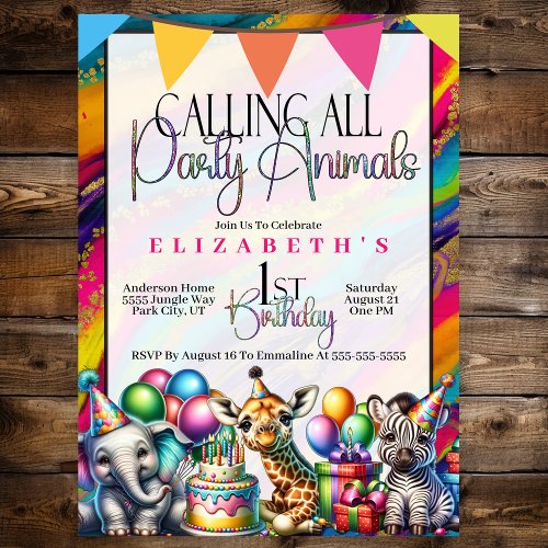 Calling All Party Animals Safari 1st Birthday Invitation