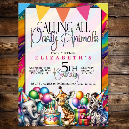 Calling All Party Animals Safari 5th Birthday Invitation