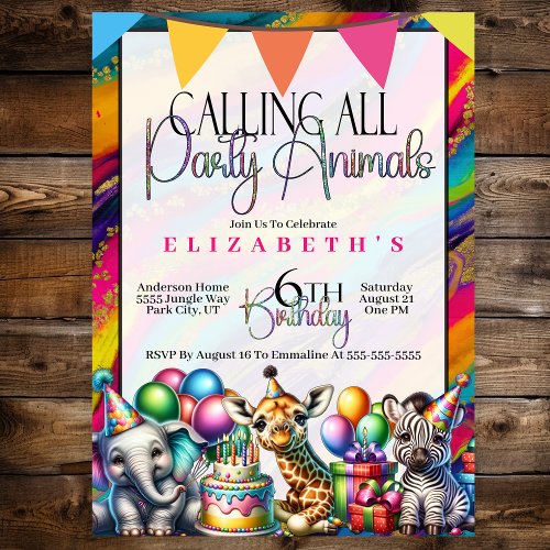 Calling All Party Animals Safari 6th Birthday Invitation
