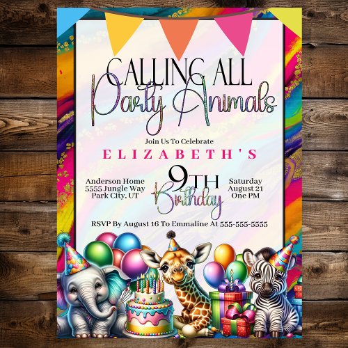 Calling All Party Animals Safari 9th Birthday Invitation