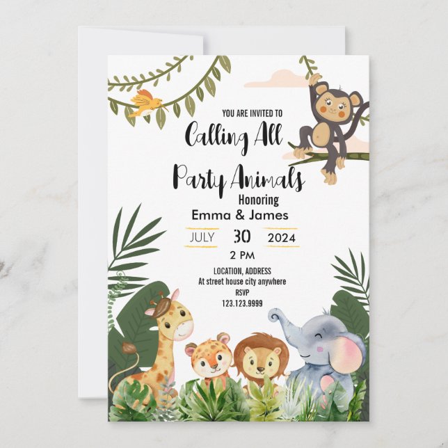 calling all party animals safari baby shower invitation (Front)