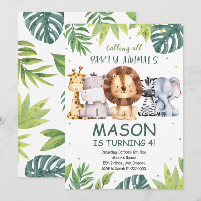 Calling All Party Animals Safari Birthday Invite (Front/Back)