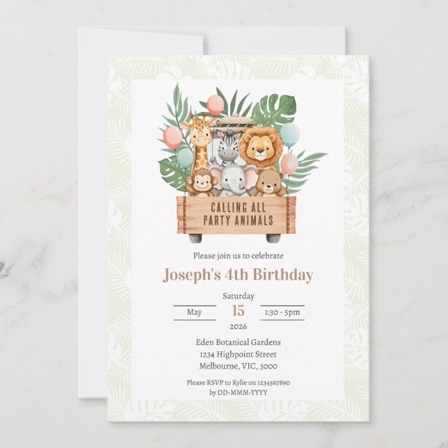 Calling All Party Animals Safari Themed Invitation (Front)