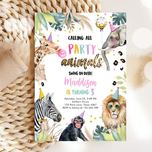 Calling All Party Animals Safari Zoo Girl Birthday Invitation