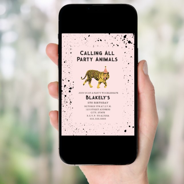 Calling All Party Animals Tiger Pink Birthday Invitation (Front Digital)