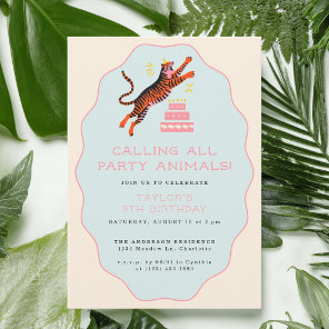 Calling All Party Animals Tiger Pink Kids Birthday Invitation