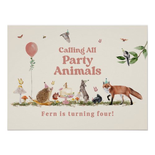 Calling all Party Animals Woodland Pink Birthday Poster
