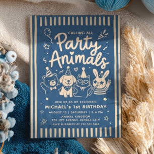 Calling All Party Animals ZOO Blue 1st Birthday Invitation