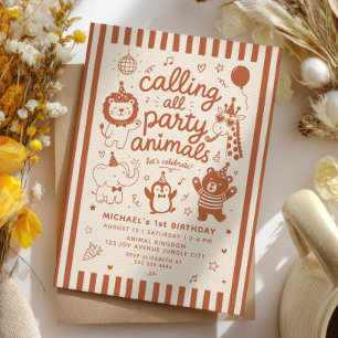 Calling All Party Animals ZOO Brown 1st Birthday  Invitation