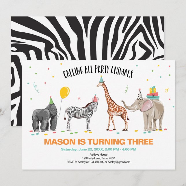 Calling All Party Animals Zoo Wild Boy Birthday Invitation (Front/Back)