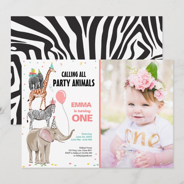 Calling All Party Animals Zoo Wild Girl Birthday Invitation (Front/Back)