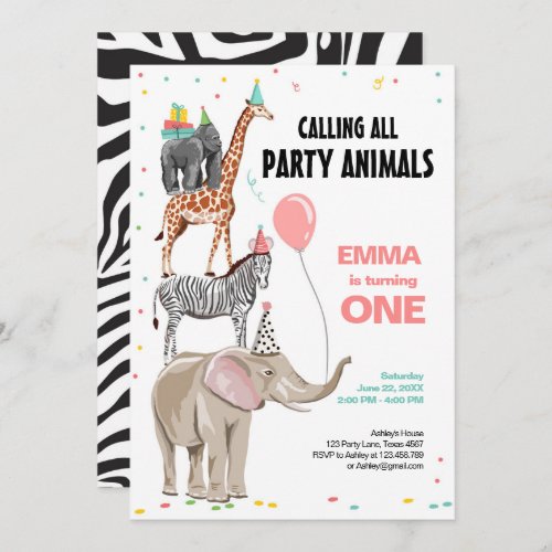Calling All Party Animals Zoo Wild Girl Birthday Invitation