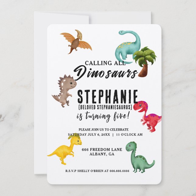 Calling All Party Dinosaurs Personalized Birthday Invitation (Front)