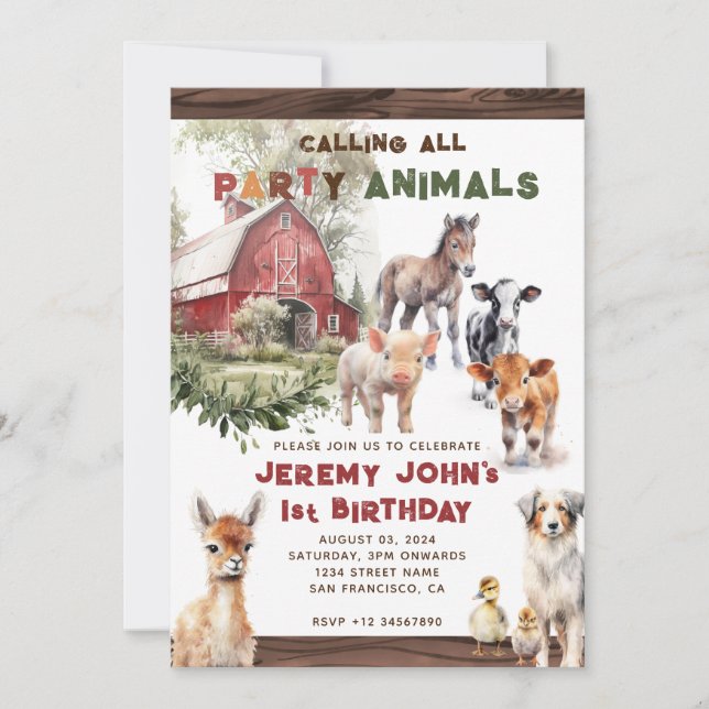 Calling All Party Farm Animals Birthday Invitation (Front)
