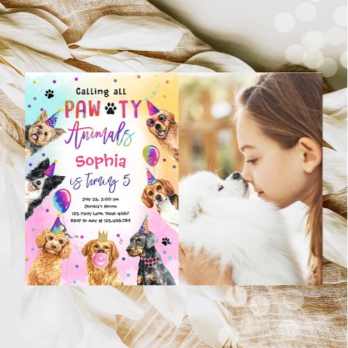 Calling All Party Pawty Animals Dogs Girl Birthday Invitation