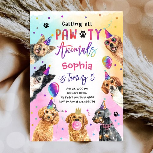 Calling All Party Pawty Animals Dogs Girl Birthday Invitation