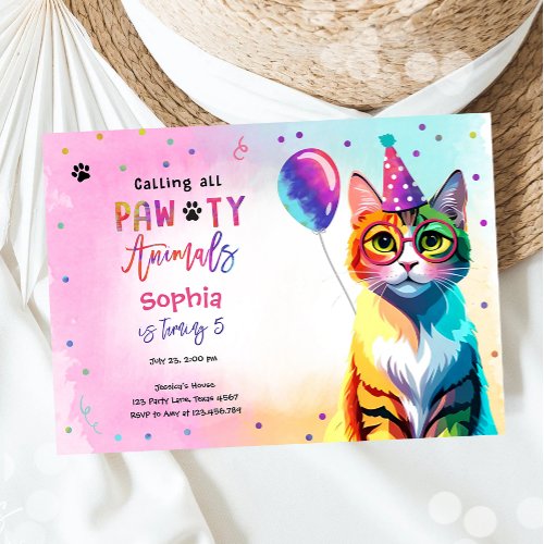 Calling All Pawty Animals Cat Kitten Girl Birthday Invitation