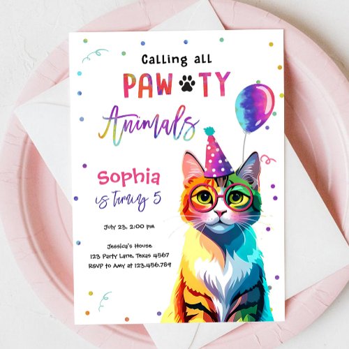 Calling All Pawty Animals Cat Kitten Girl Birthday Invitation