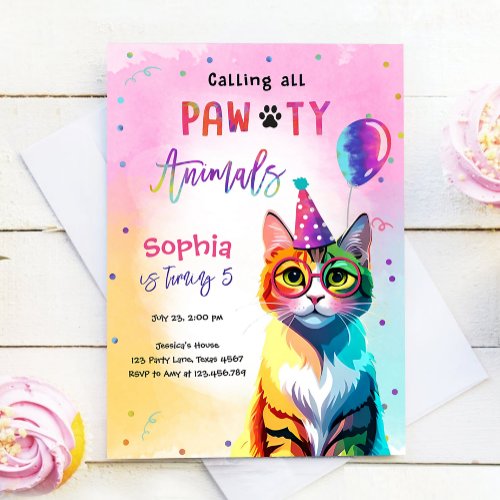 Calling All Pawty Animals Cat Kitten Girl Birthday Invitation