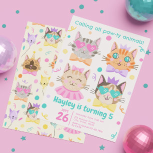 Calling All Pawty Animals Cute Kitty Cat Birthday Invitation