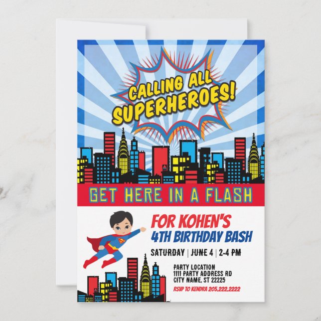 Calling All Super Heroes Birthday Invitation (Front)