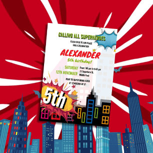 Calling All Superheroes City Building Birthday Invitation