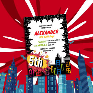 Calling All Superheroes City Building Birthday Invitation