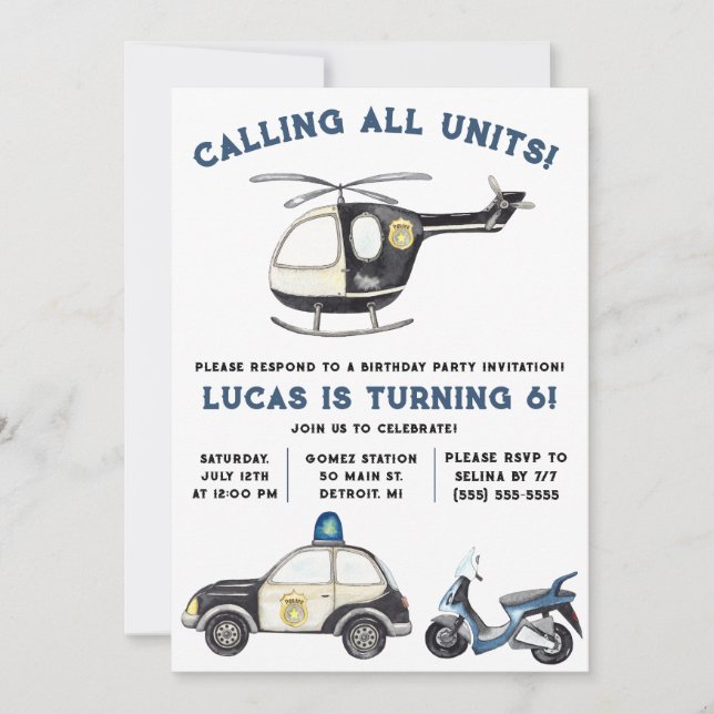 Calling all Units! Police themed Birthday Party Invitation (Front)
