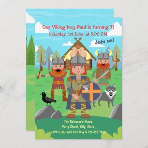 5X7 Children's birthday invitations features viking outlet theme and custom illustration of your child