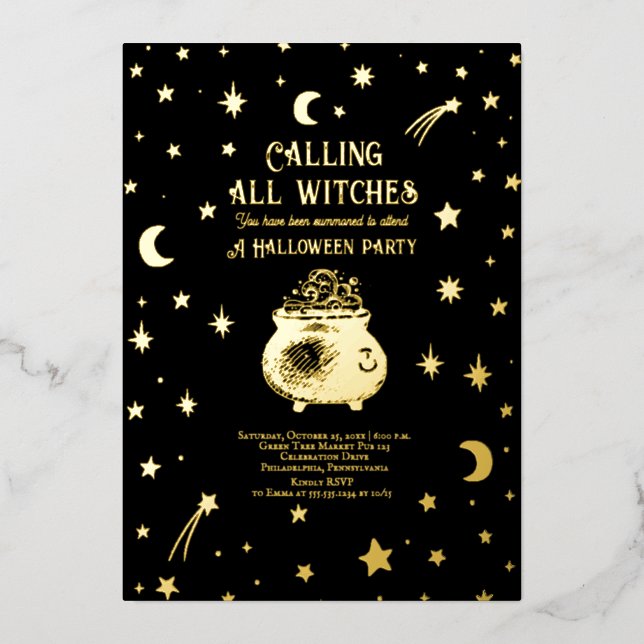 Calling All Witches Celestial Halloween Party Foil Invitation (Front)