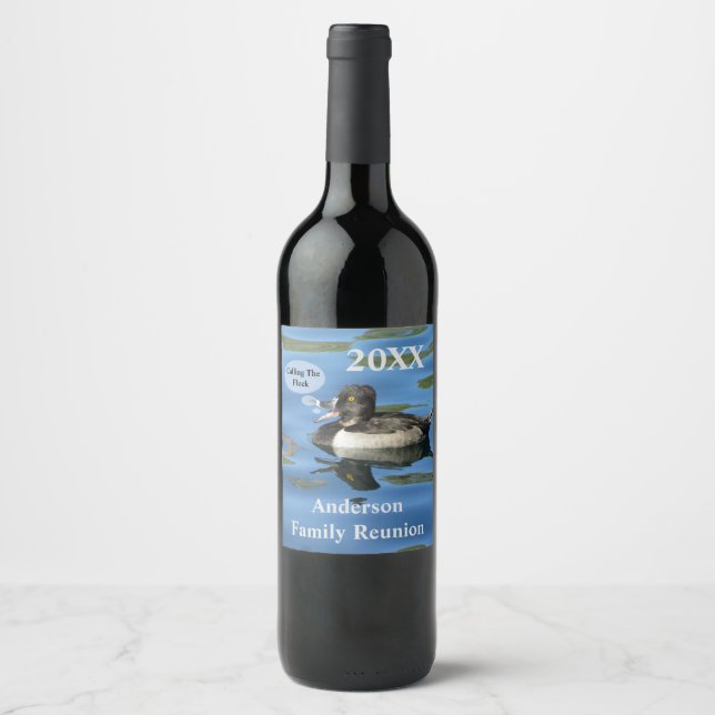 Calling the Flock Humorous Duck Family Reunion Wine Label (Front)