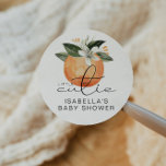 CALLIOPE Little Cutie Clementine Baby Shower Classic Round Sticker<br><div class="desc">This round favor sticker features a cute watercolor clementine with sweet white watercolor orange blossom florals and a fun handwritten font with the saying,  "little cutie" This sticker is the perfect addition to your gender neutral citrus fruit themed baby shower or gender reveal party.</div>