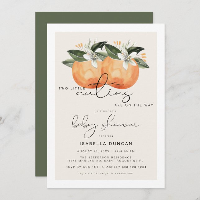 CALLIOPE Two Little Cuties Twin Orange Baby Shower Invitation (Front/Back)