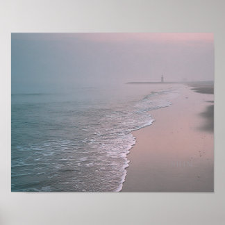 Calm Beach Sunrise with Lighthouse Coastal Wall Ar Poster