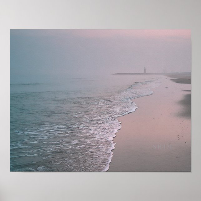 Calm Beach Sunrise with Lighthouse Coastal Wall Ar Poster (Front)