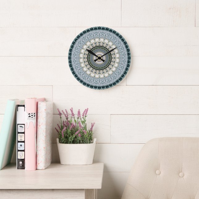 Calm Blue and White Lace Mandala Graphic Large Clock (Reading Room)