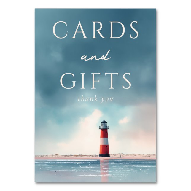 Calm Blue Coastal Lighthouse Scene Table Number (Front)