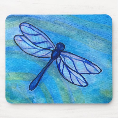 Calm Blue Dragonfly Peaceful Watercolor Mouse Pad