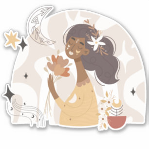 Calm brown skinned boho woman flowers moon stars sticker