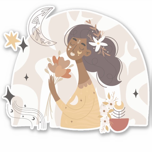 Calm brown skinned boho woman flowers moon stars sticker (Front)