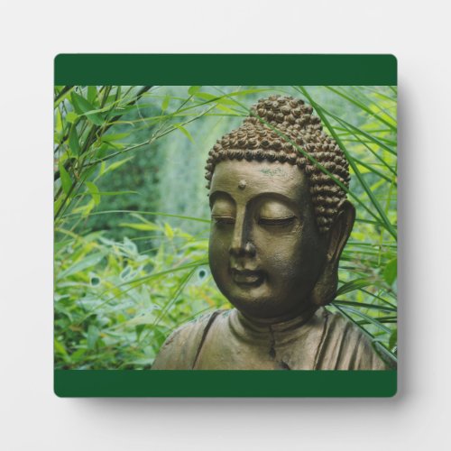 Calm Buddha Statue in a Leafy Green Forest Plaque