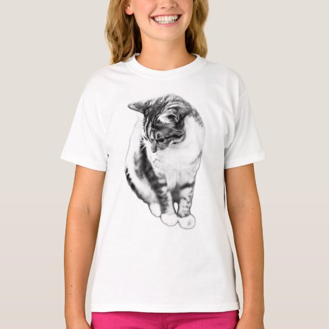  Calm Cat Looking Down Ink Art Tee (Front)