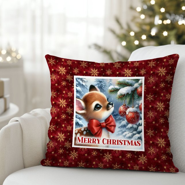 Calm Christmas scene baby fawn snowy forest kids  Throw Pillow (Calm Christmas scene baby fawn snowy forest kids decor)