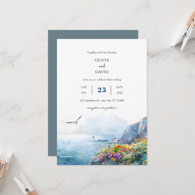 Calm Cliffside Ocean View Bloom Art Beach Wedding  Invitation (Front/Back In Situ)