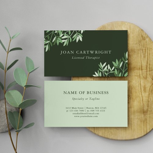 Calm Dark Green Greenery Leaves _ Therapist Business Card
